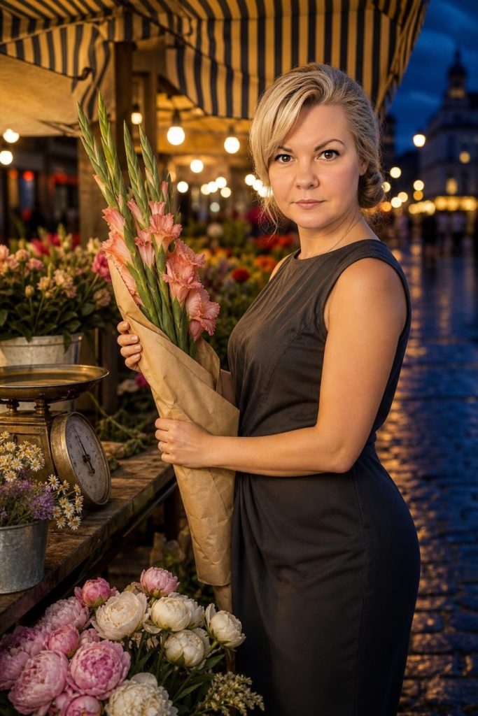 Женщина на ночном цветочном рынке